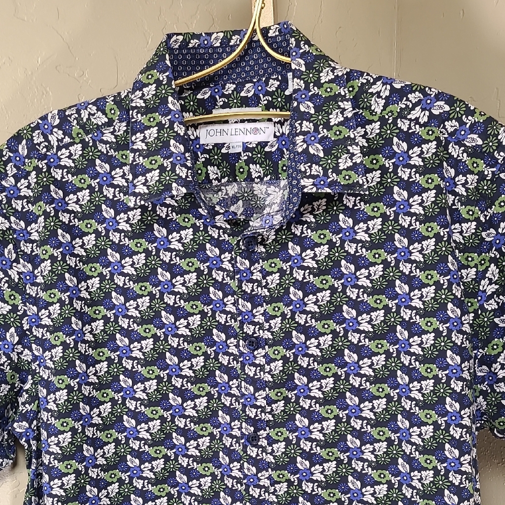 John Lennon Blue and Green Floral Men's Casual Short Sleeve Button Down Shirt XL
